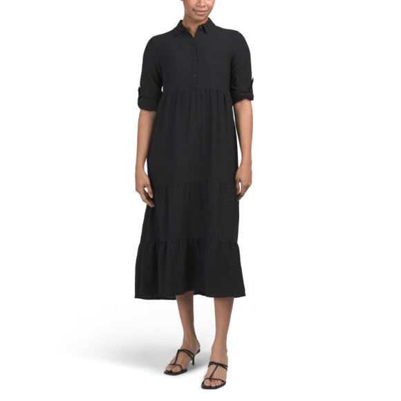 MAX STUDIO Black Roll Tab Sleeve Tiered Maxi Dress - Picture 1 of 2